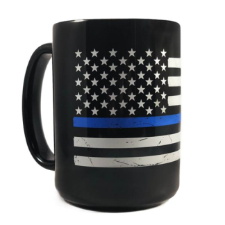 Distressed Flag Mug- Thin Blue Line, 15 oz