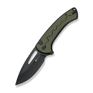 Sencut Squiggy Flipper & Thumb Hole & Button Lock Knife Black - Green G10 Handle