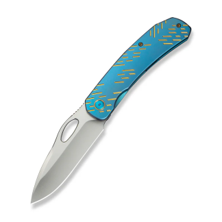 Weknife Inmate Front Flipper & Thumb Hole Knife Blue Titanium Handle With Golden Raindrops (3.7" Satin Finished Cpm 20cv Blade)