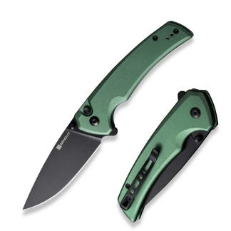 Serene Flipper-thumb Stud Folding Knife 3.48" Black D2 Drop Point Plain Edge Blade, Green Aluminum Handle