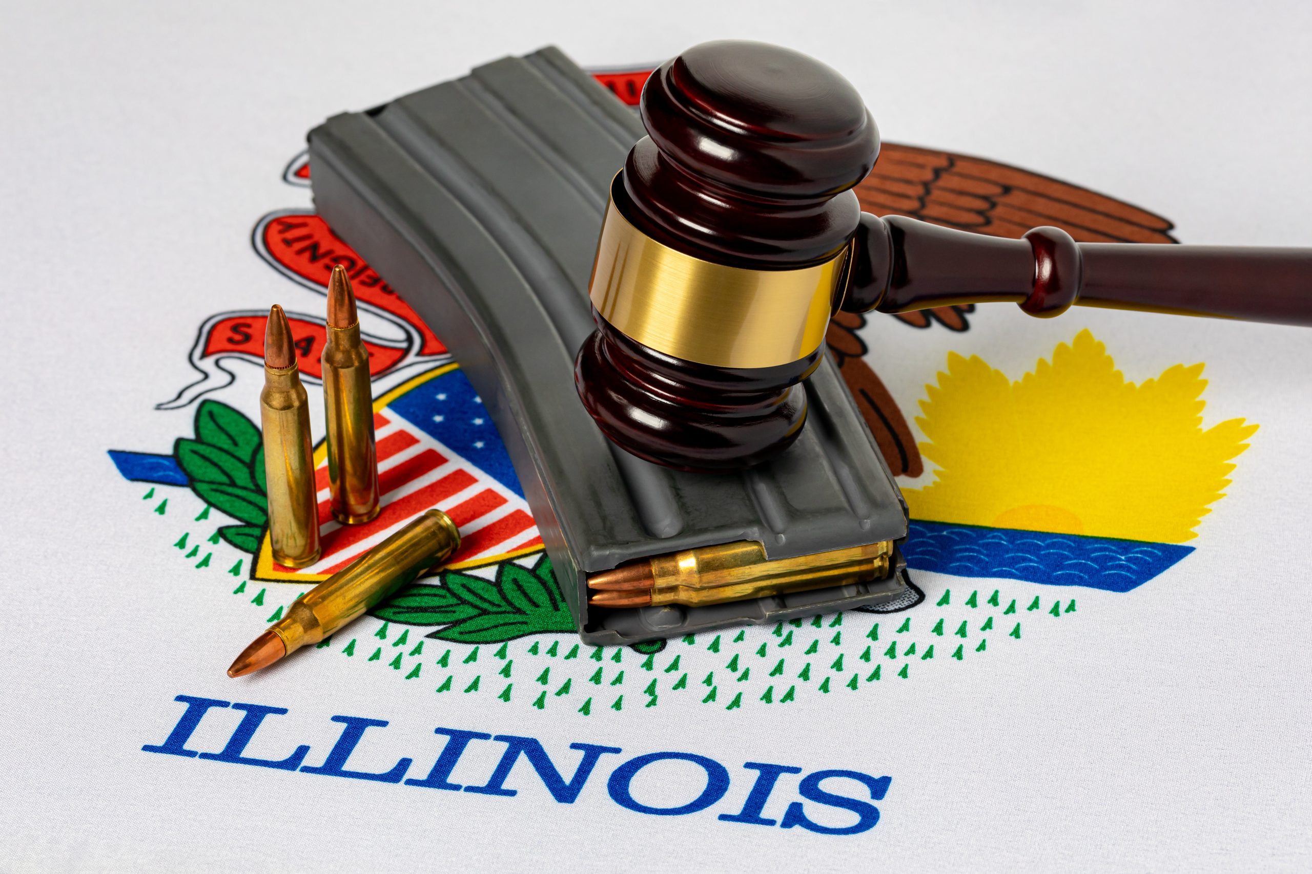 Assault weapon high-capacity magazine with gavel and Illinois state flag.