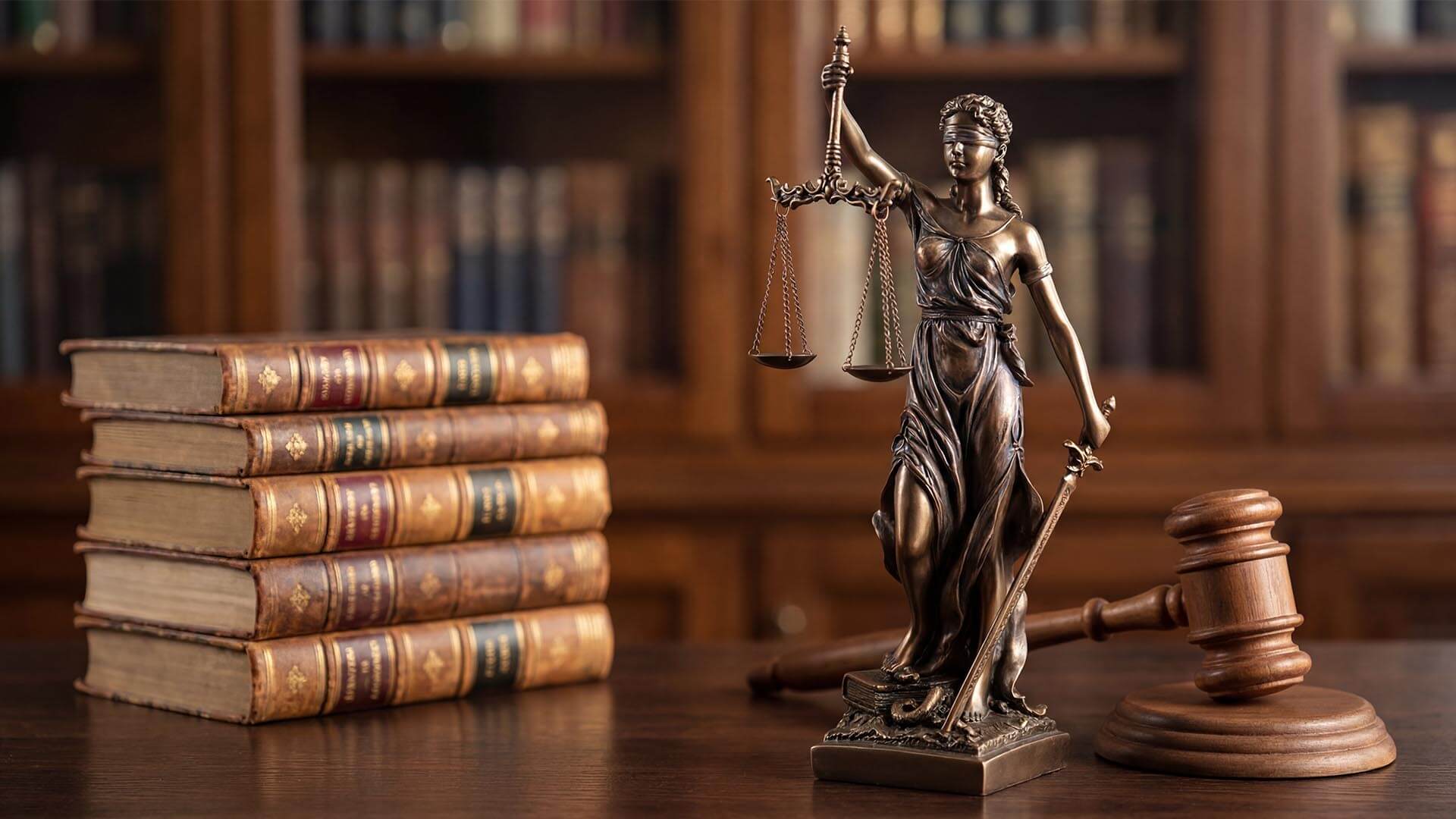 court room, a stack of books next to a lady justice statue, she is in front of a gavel